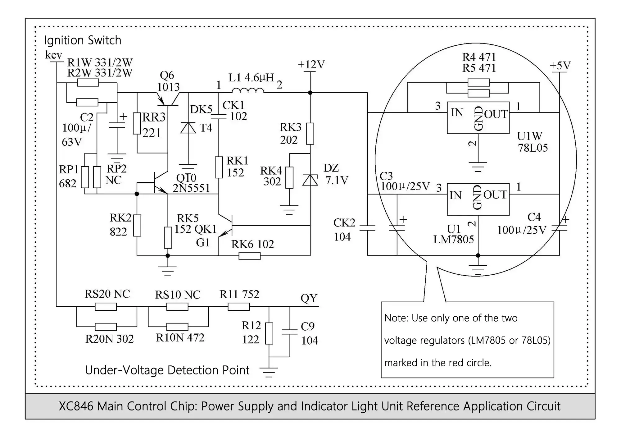 Reference application circuit for power supply and indicator lamp unit of XC846 controller main control chip