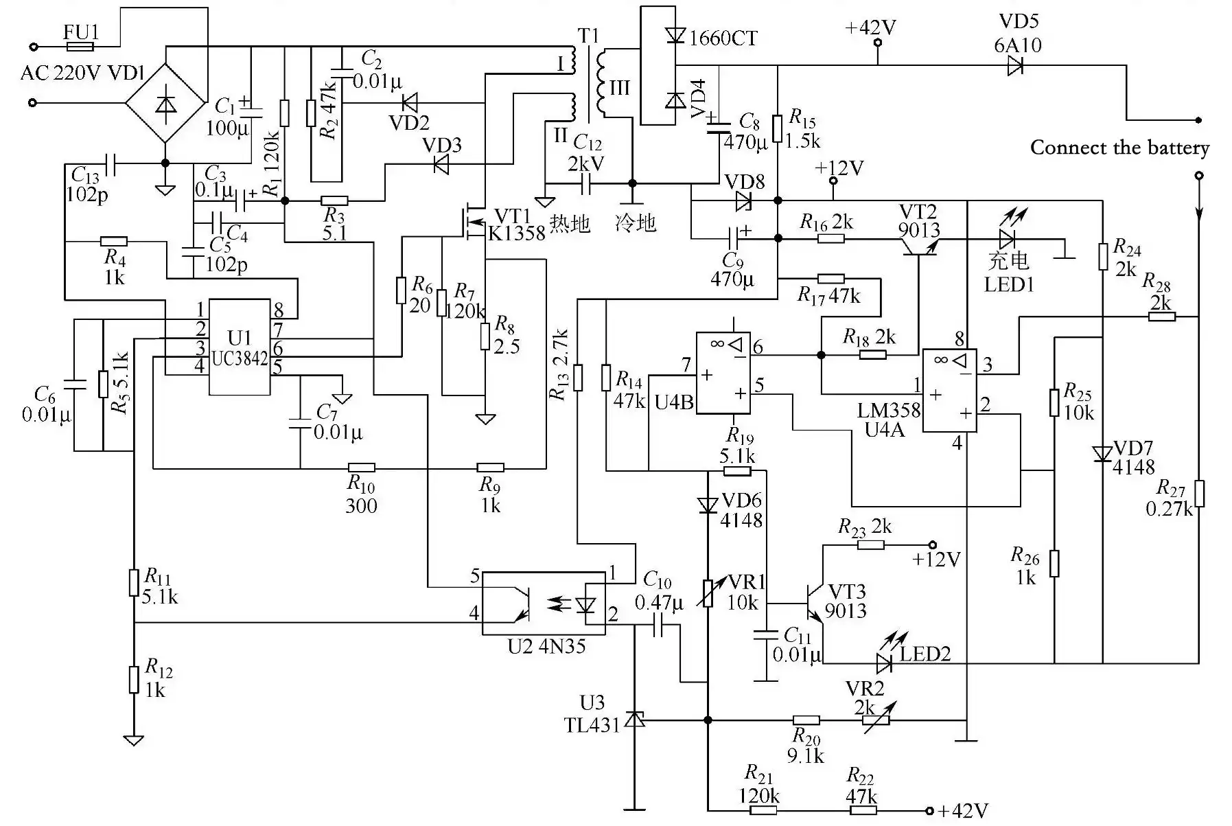 Charger circuit based on UC3842 and LM358