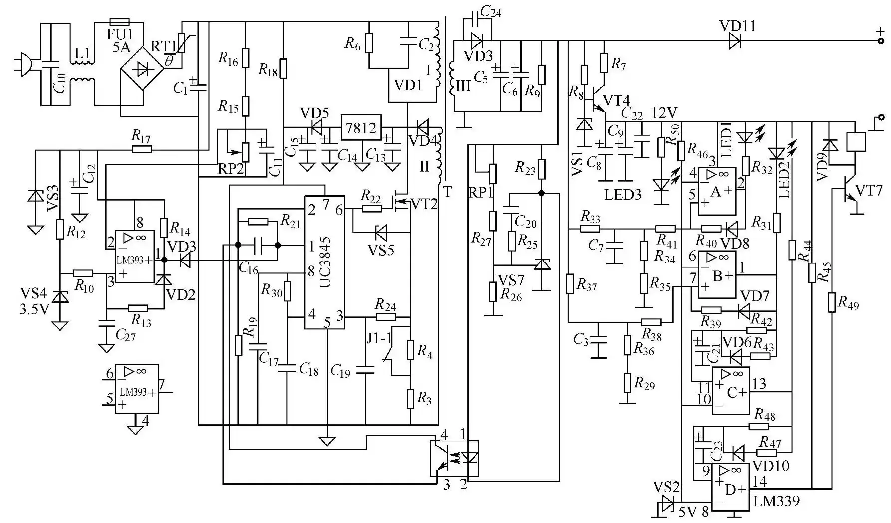 Charger circuit based on UC3845 and LM339