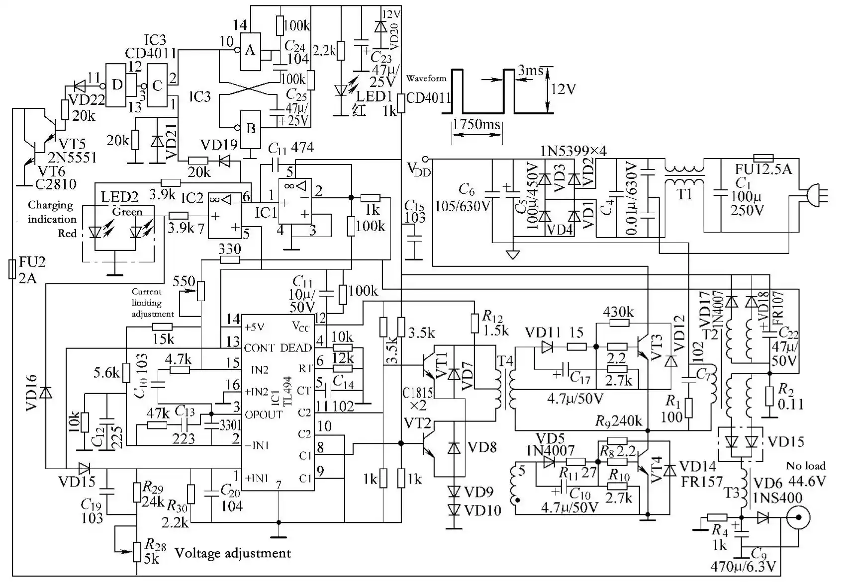 Pulse-type charger circuit composed of TL494, LM358, and CD4011